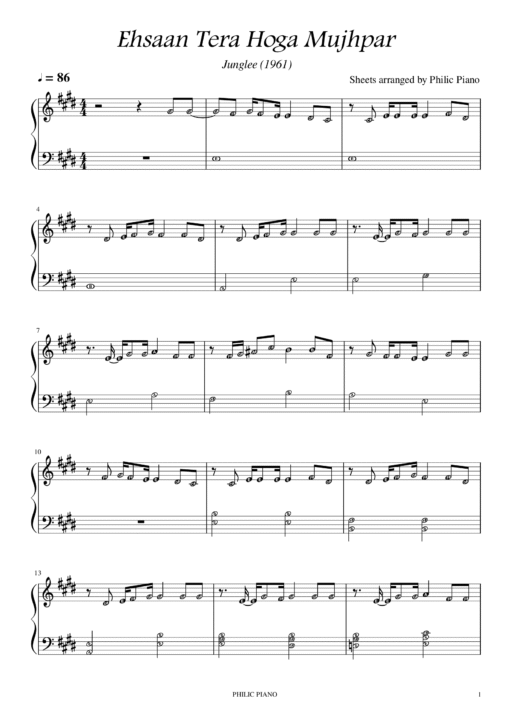 Ehsaan Tera Hoga Mujhpar piano notes