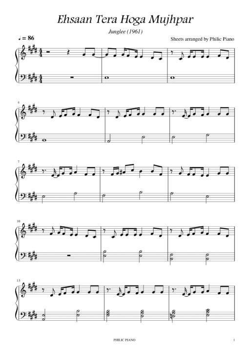 Ehsaan Tera Hoga Mujhpar piano notes
