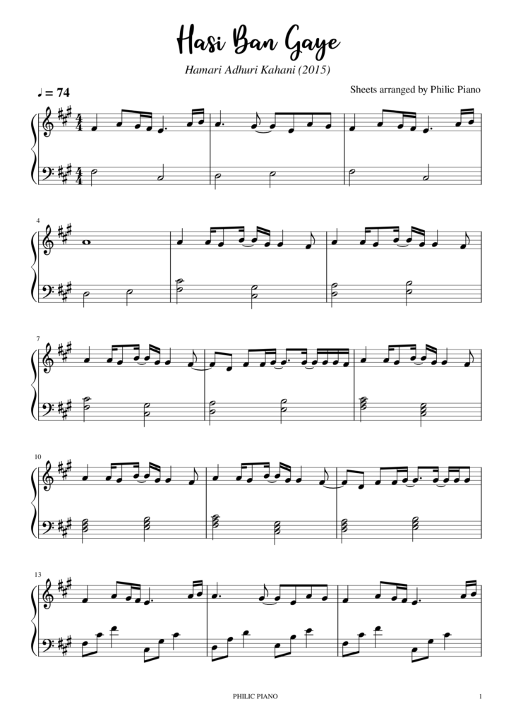 Hasi Ban Gaye | Piano Notes/Sheets/MIDI | Philic Piano