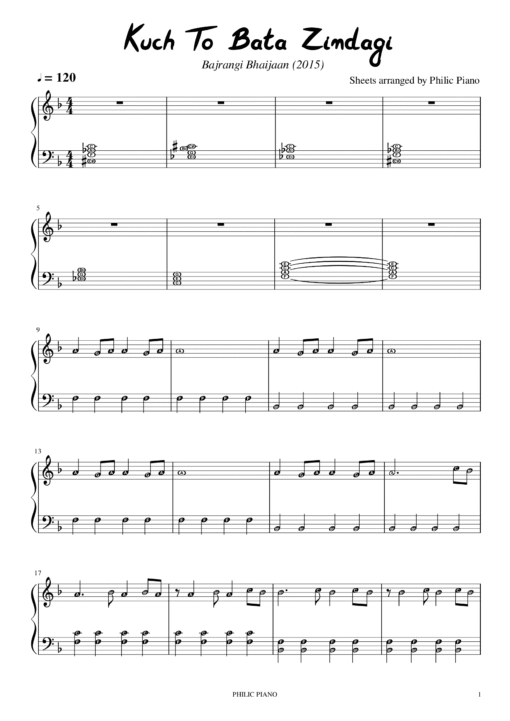 Kuch To Bata Zindagi piano notes