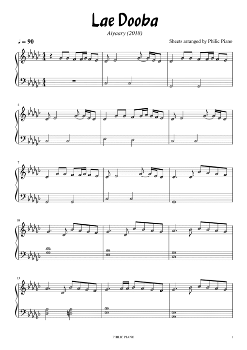 Lae Dooba piano notes
