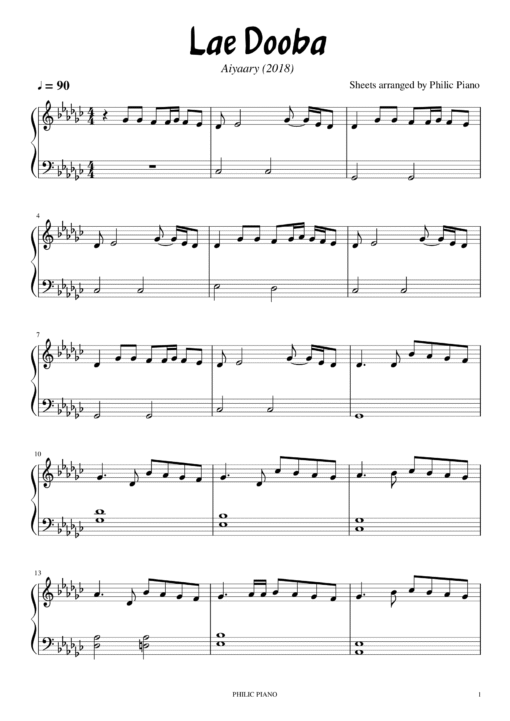 Lae Dooba piano notes