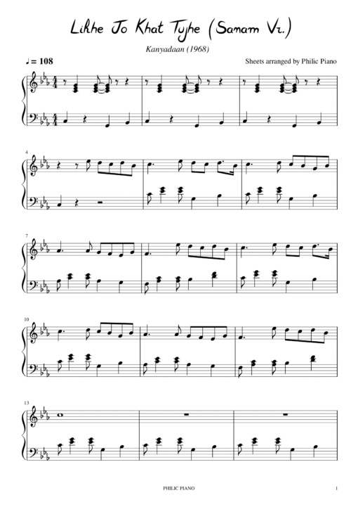 Likhe Jo Khat Tujhe piano notes