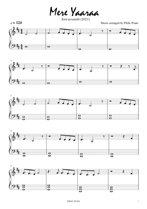 Mere Yaaraa piano notes