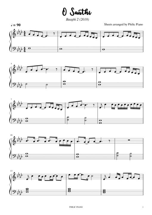 O Saathi piano notes