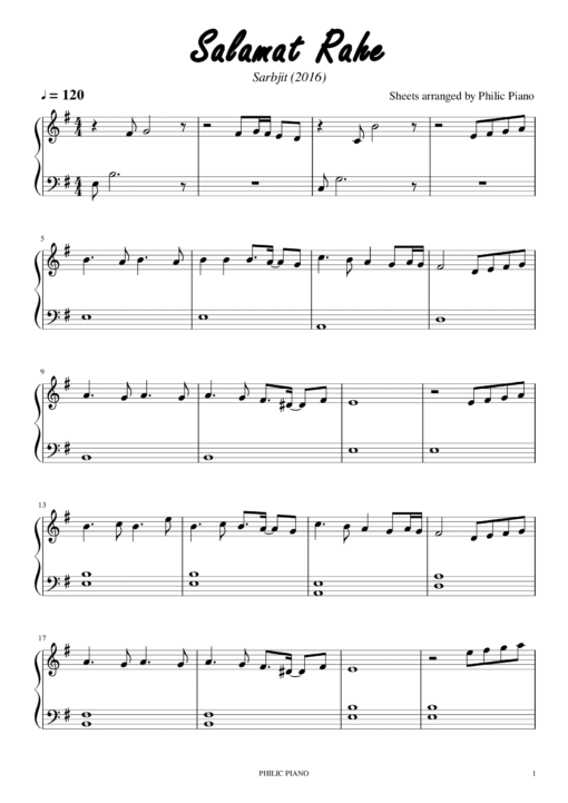 Salamat Rahe piano notes