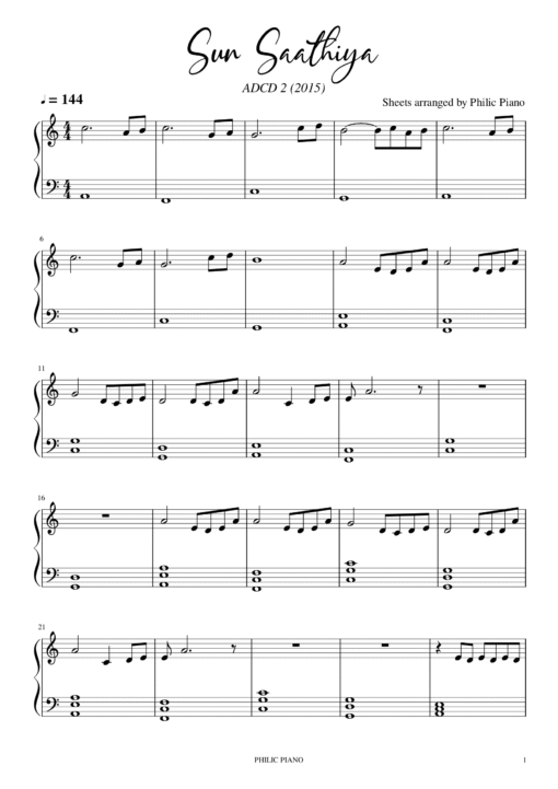Sun Saathiya piano notes