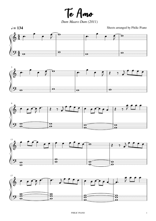 Te Amo piano notes