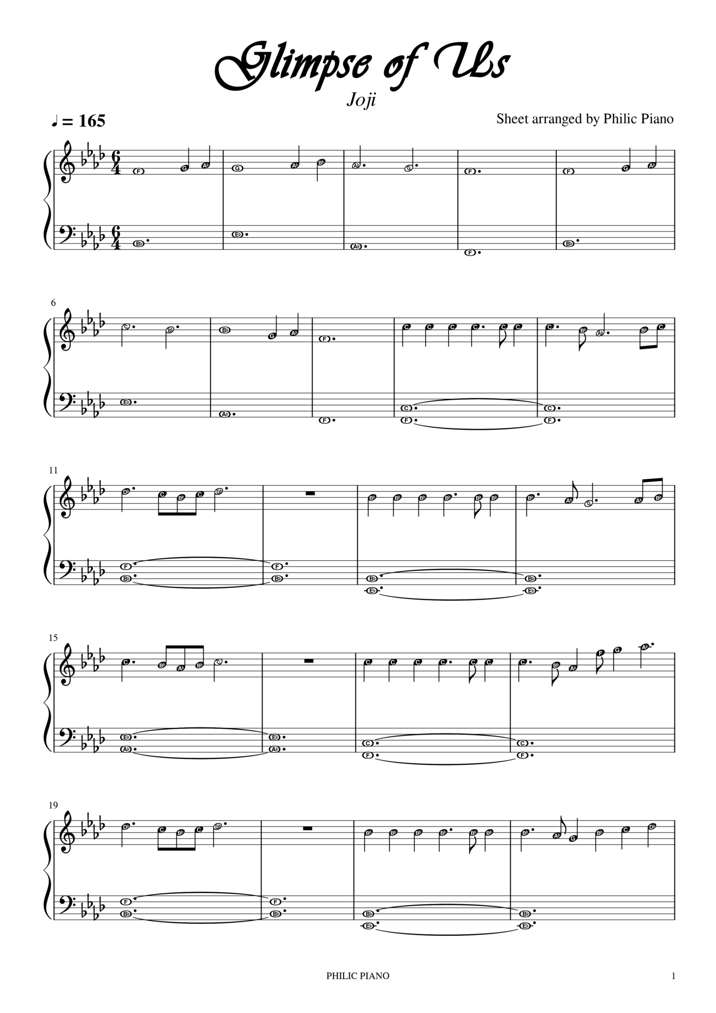 Glimpse of Us | Piano Notes/Sheets/MIDI | Philic Piano