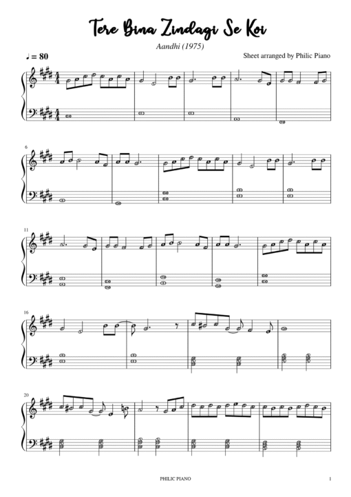 Tere Bina Zindagi Se Koi piano notes