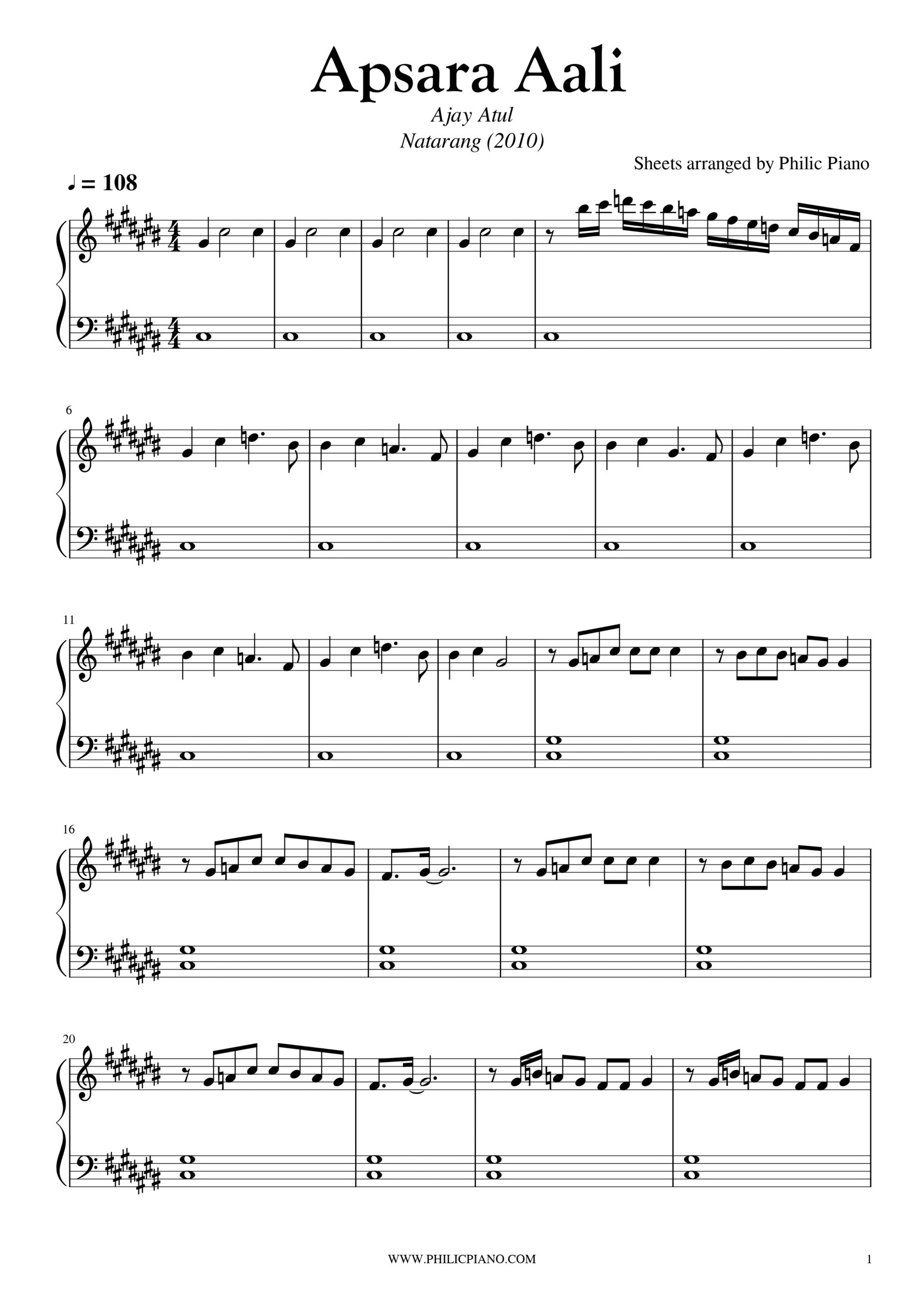 Apsara Aali piano notes