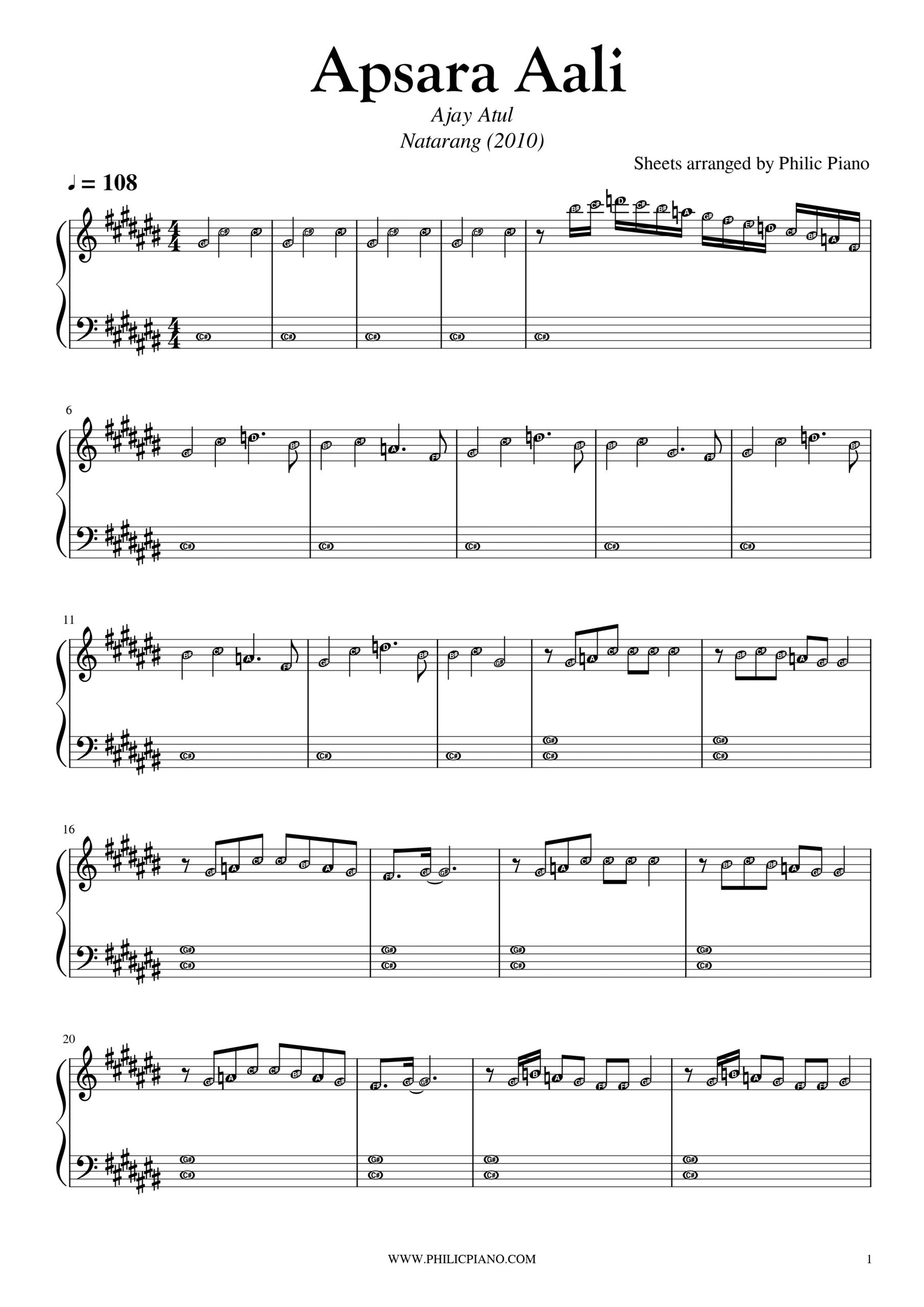 Apsara Aali piano notes