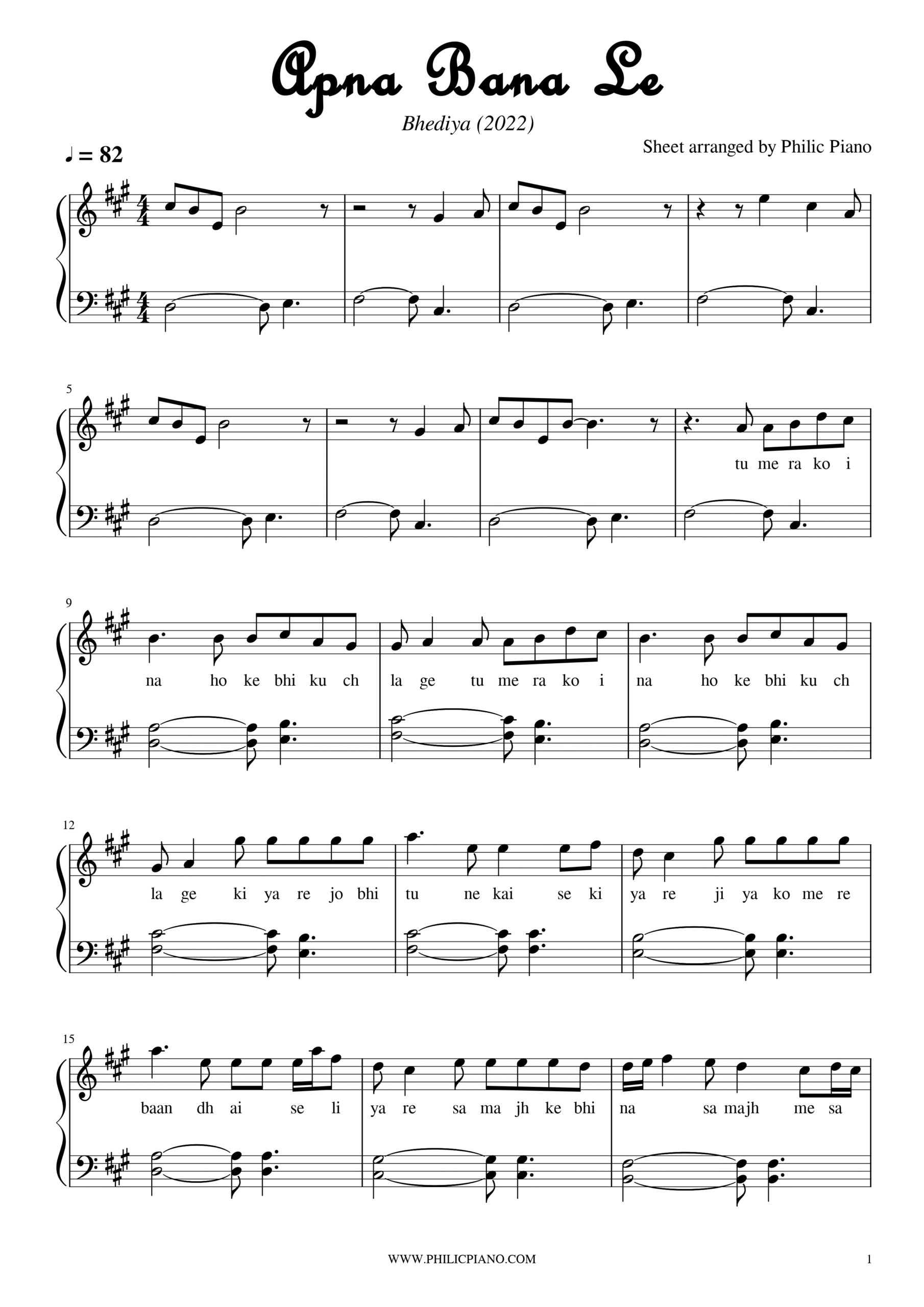 Apna Bana Le piano notes