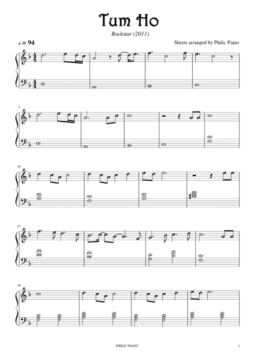 Tum Ho piano notes