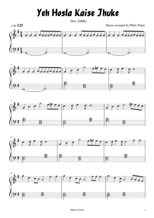 Yeh Hosla Kaise Jhuke piano notes