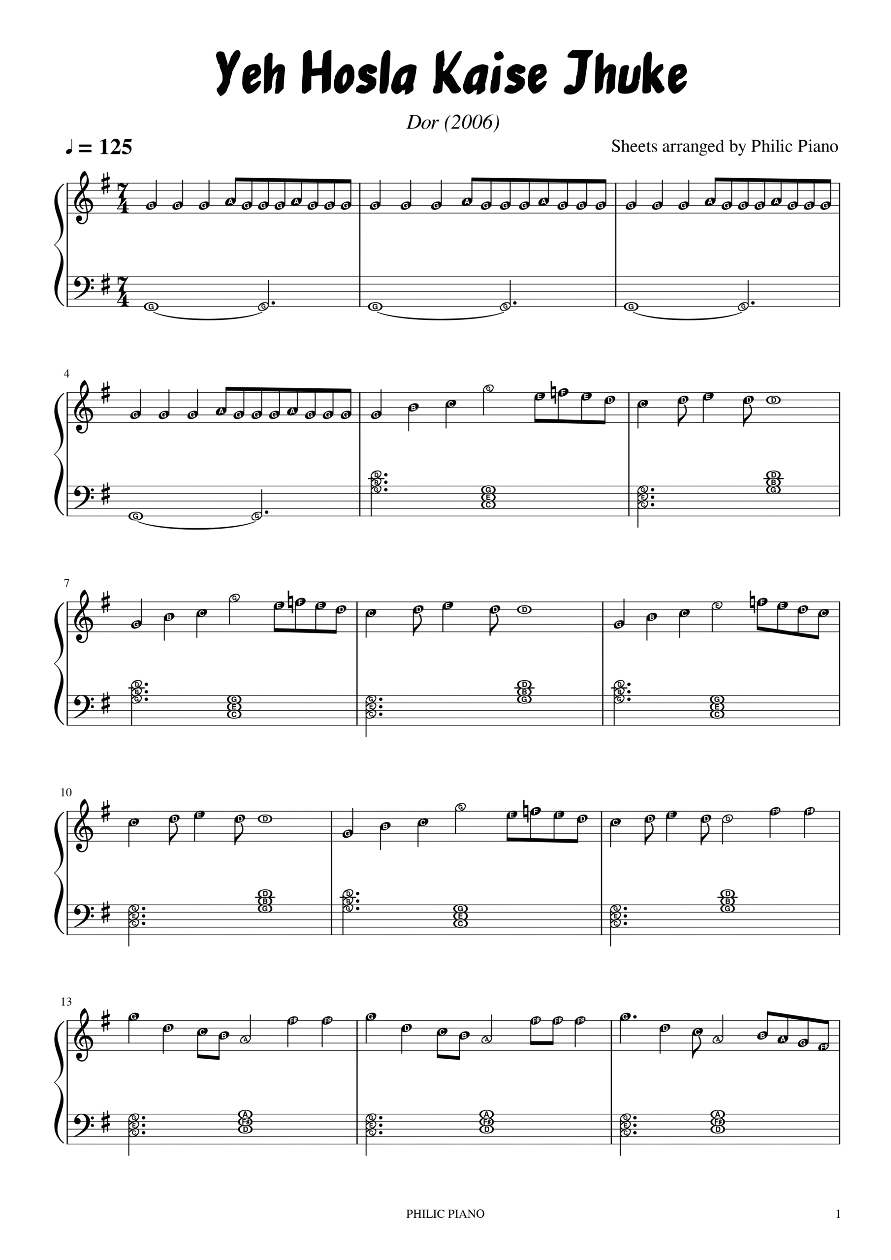 Yeh Hosla Kaise Jhuke piano notes