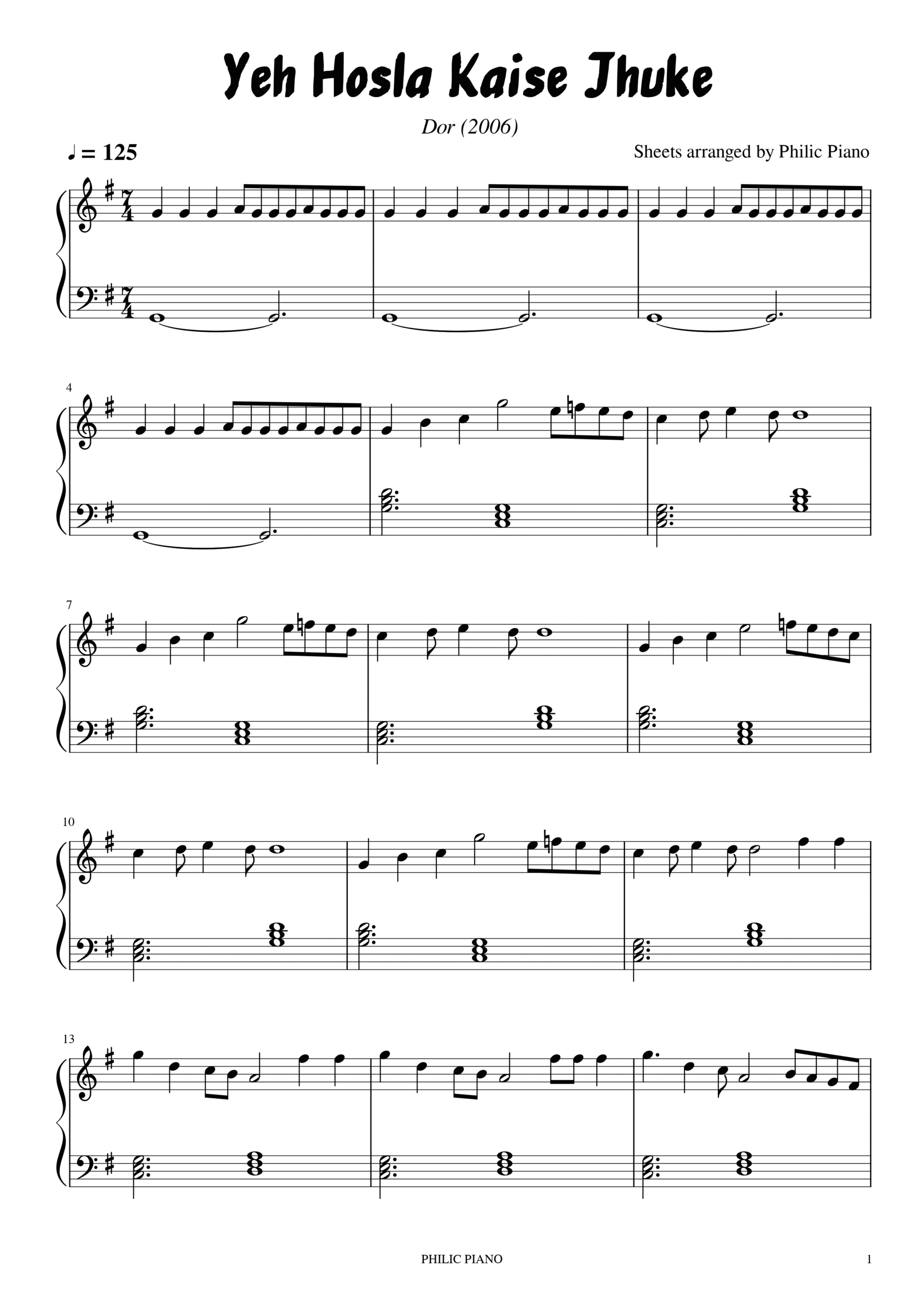 Yeh Hosla Kaise Jhuke piano notes