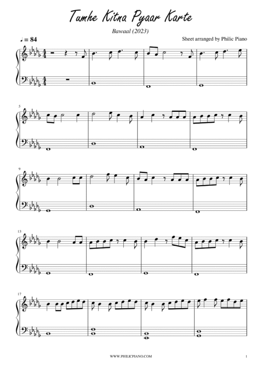 Tumhe Kitna Pyaar Karte piano notes